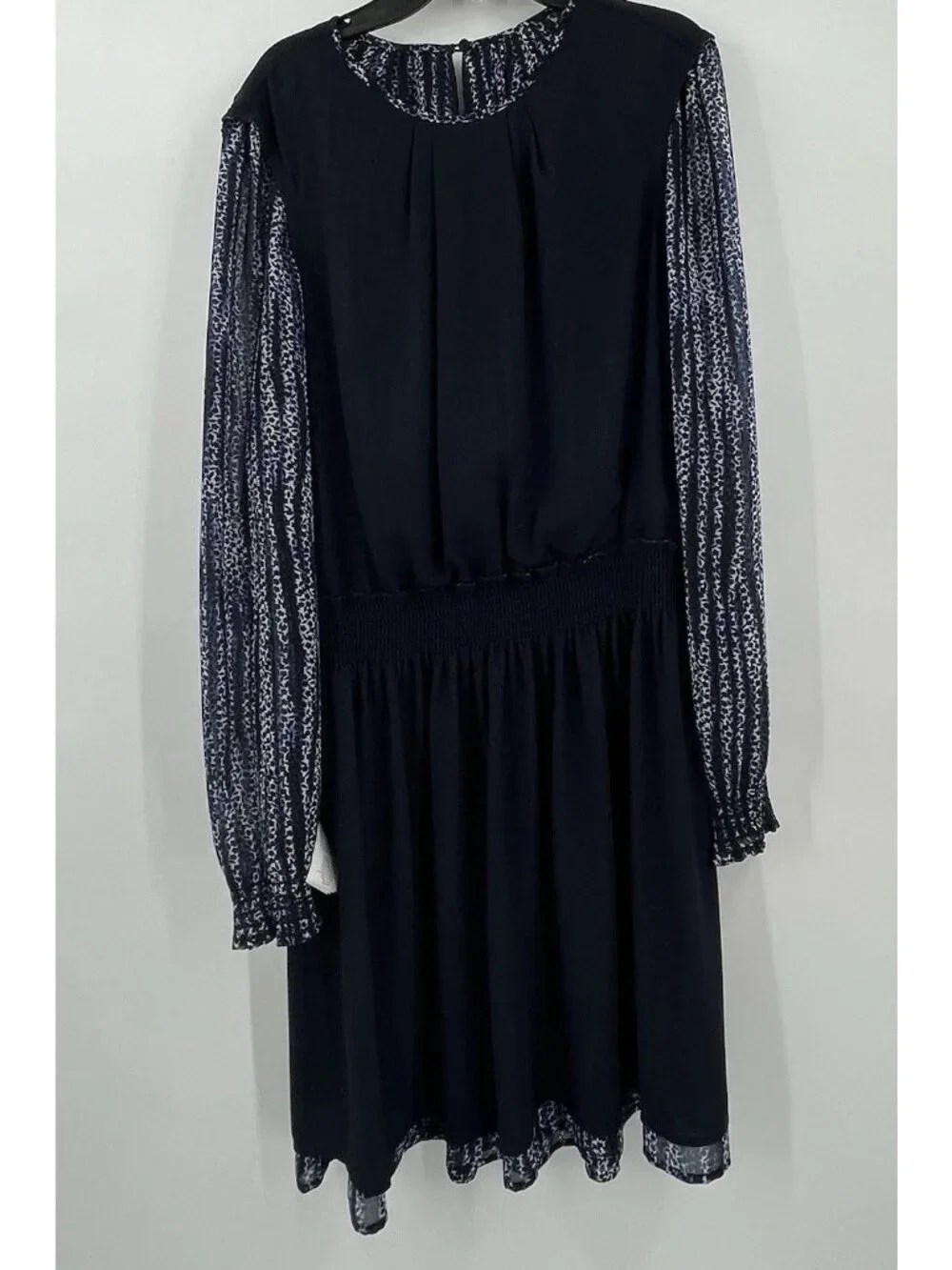 Michael Kors Georgette Smocked Lined Dress Printed Long Sleeve Womens Large Navy